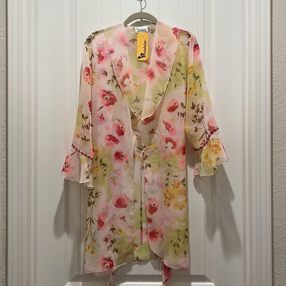 Marjolaine Sz XS NWT vintage lingerie robe floral sheer flowy white pink green